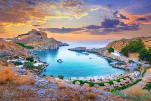 Panoramic,View,Of,St.,Paul,Bay,With,Acropolis,Of,Lindos