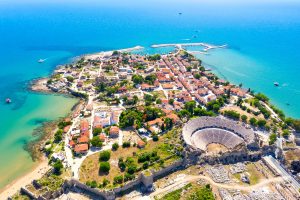 Aerial,Top,Drone,View,Of,Ancient,Side,Town,With,Amphitheater,